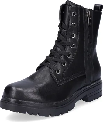 A black lace-up boot is shown against a white background.