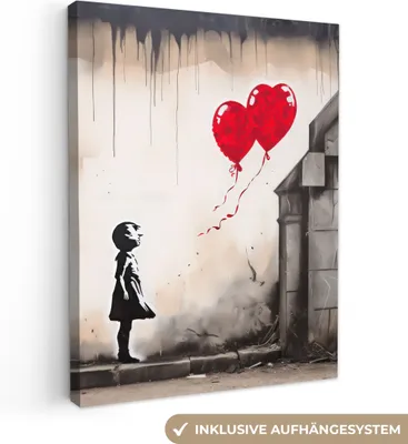 Produktbild von Wanddeko 60x80 cm - Banksy - Kunst - Mädchen - Luftballons - Herz - Grau, Wandbilder, Wanddeko Wohnzimmer