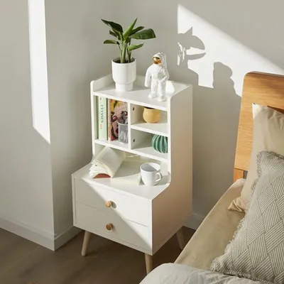Produktbild von Nachttisch mit 2 Schubladen – weiß und Holz – offene Fächer – modernes Design – 43 x 81 x 36 cm