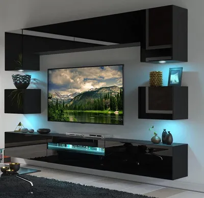 Produktbild von Furnitech Wohnwand Wohnzimmer - Wohnzimmer Möbel mit LED Blau - Wohnzimmer Schrankwand(Besta GAN1-17B-HG20 1B)
