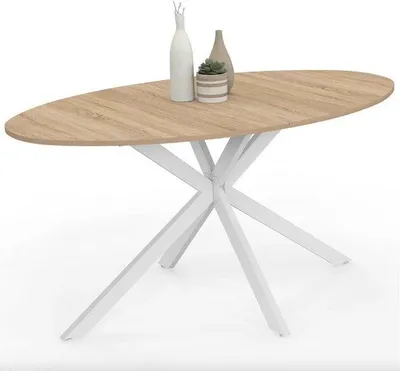 Produktbild von Hochbeet mit ovaler Form für 8 Personen, 150 cm, Holzbrett und weißem Metallfuß.