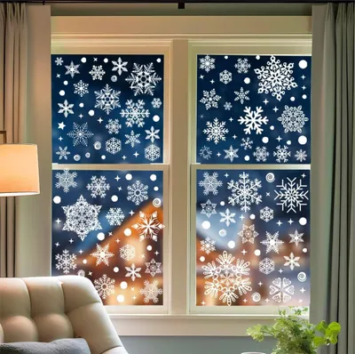 Produktbild von Fensterbilder Schneeflocken Modell 4, 296 weiße Motive auf 9 Bögen, selbsthaftende Weihnachtsaufkleber für Fenster sowie Spiegel, ohne Kleberückstände