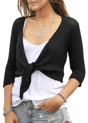 Produktbild von Transparenter, kurzer Cardigan mit Dreiviertelärmeln und Bindegürtel für Damen