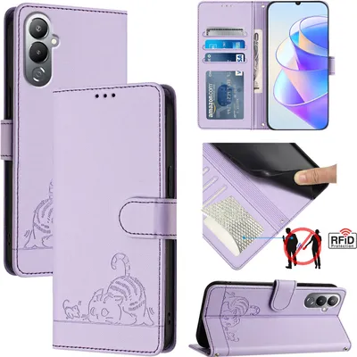 Produktbild von Leder Hülle für Tecno Pova 4 Pro Süße Katze Flip Case Brieftasche Schutzhülle mit Standfunktion Lila