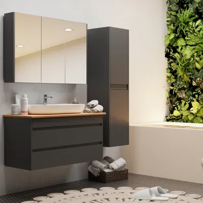 Produktbild von Badezimmermöbel Set Lara Konsole 80 Anthrazit | Keramikwaschbecken | Unterschrank | Spiegelschrank | Softclose-Schubladen & -Türen & unsichtbare Griffe | Moderner Stil | Badmöbel Waschtisch