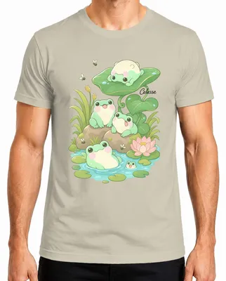 Imagen del producto de Camiseta para hombre con diseño "Kawaii" (lindo) de ranas, nenúfares, estilo japonés, "Y2K", "Cottagecore", talla M. Diseño con motivos de la naturaleza