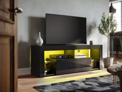 Zdjęcie produktu dla Szafka pod telewizor SONNI czarna wysoki połysk 140x35x50,5cm z wielokolorową regulowaną listwą oświetleniową LED
