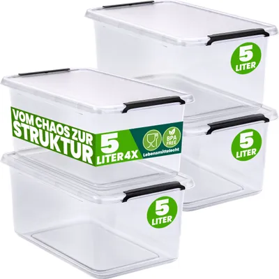 Produktbild von DEUBA® 4x Aufbewahrungsbox mit Deckel 5L Box Kunststoff Kisten lebensmittelecht BPA frei klein Klickverschluss transparent stapelbar Küche Schlafzimmer