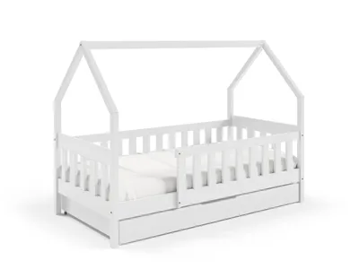 Produktbild von Masseno Kinderbett BELLA 80x160 cm mit Schublade, Rausfallschutz, Einzelbett für Mädchen und Jungs, Hausbett für Kinder, Holz, Weiß