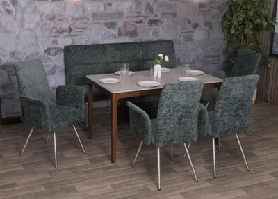 Produktbild von Esszimmer-Set MCW-G55, 4er-Set Stuhl mit Armlehne+Sitzbank 160cm, Edelstahl gebürstet Stoff/Textil Chenille blau-grün