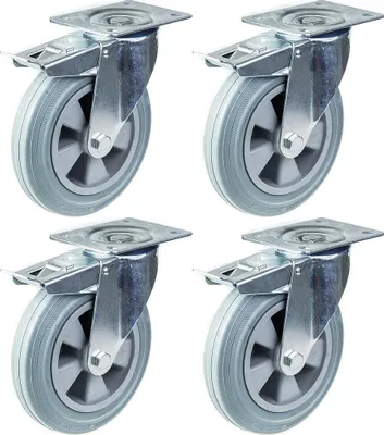Produktbild von 200mm 8" Lenkrolle grau Gummi mit Bremse stark 820kg Kapazität, Satz von 4
