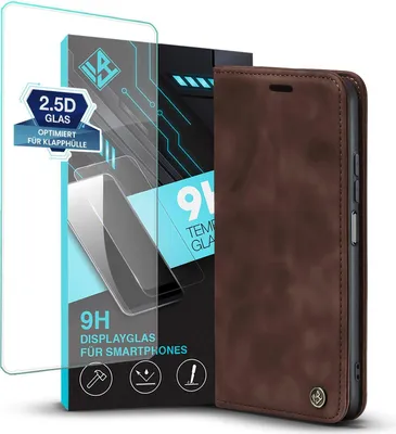 Produktbild von Handy Hülle für Xiaomi Redmi Note 10 mit 9H Displayglas Klapphülle Bookcase Flip Cover Handy Tasche Etui Farbe: Dunkelbraun