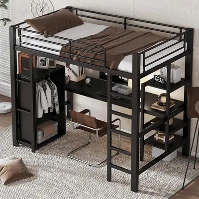Productafbeelding van Hoogslaper 90x200 cm, zwart, van metaal en MDF, met bureau en garderobekast, geschikt voor de slaapkamer
