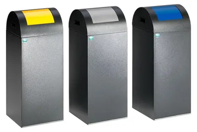 Produktbild von Selbstlöschender Wertstoffsammler rund mit Einwurfklappe | 60 Liter, HxBxT 80x32x32cm | Verzinkter Stahl | Grau-Silber