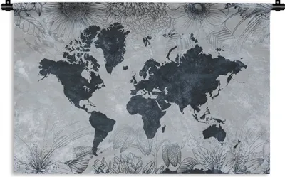Produktbild von MuchoWow® Wandteppich Wandbehang Weltkarte - Blumen - Vintage 90x60 cm Tapisserie Dekoration Wandtuch - Wandskulpturen - Bildteppich