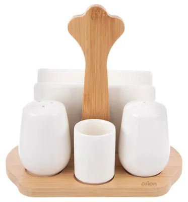 Image de Ensemble de salière et poivrière - Porcelaine - 5 pièces - Avec support - Avec porte-serviettes - Blanc