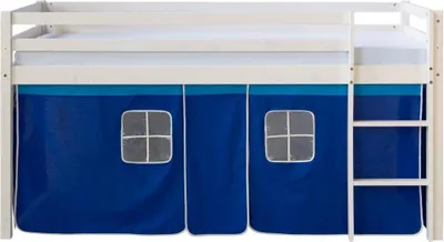 Produktbild von Homestyle4u Hochbett 90x200 mit Rausfallschutz Kinder mit Leiter Vorhang Blau Massivholz Kiefer Weiß