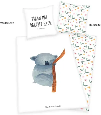A collage showing the front and back of a duvet cover and pillowcase set with a koala and floral print.