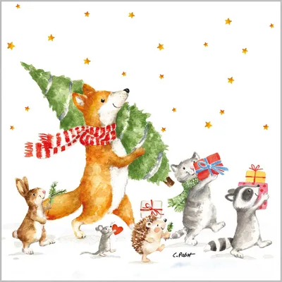 Produktbild von 20 kleine Cocktailservietten Let´s get it started - Tiere auf Weihnachtswanderung 25x25cm