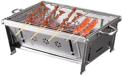 Produktbild von Holzkohlegrill, Picknickgrill, Edelstahl, tragbarer, zusammenklappbarer Grillwagen, BBQ, Faltgrill, Camping, Grill, für Gartenpartys im Freien, Tischgrills, Holzkohle, tragbar