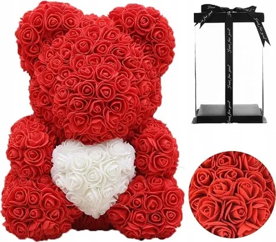 Zdjęcie produktu dla Czerwony Miś z Róż z Białym Sercem - 40 cm + Box Prezentowy ze Wstążką