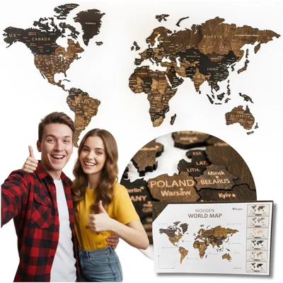 A collage of a wooden world map product, including a lifestyle shot of a couple and a close-up of the map details, along with packaging.