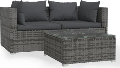 Image de vidaXL Ensemble de salon de jardin 3 pièces avec coussins Gris Poly rotin
