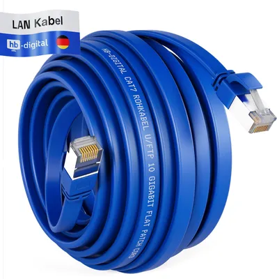Produktbild von hb-digital Patch Kabel 15m LAN Kabel Cat7 Netzwerk Kabel cat 7 flach RJ45 Kupfer bis zu 10 Gbit/s U/FTP PVC blau