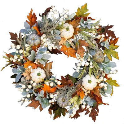 Produktbild von 18-Zoll-Herbst-Türkranz mit Kürbissen, Tannenzapfen, weißen Beeren und Ahornblättern für die Innen- und Außendekoration