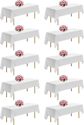 A collage of multiple white tablecloths on tables, each with a pink floral arrangement.