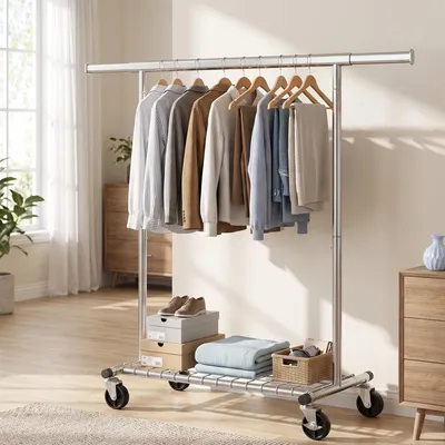 Produktbild von SONGMICS Ausziehbarer Kleiderständer auf Rollen aus Metall bis 180 kg mit Ablage 92-132 x 45 x 161,5 cm Silbern