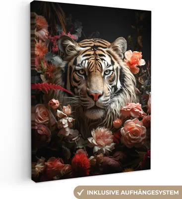 Produktbild von Wanddeko 30x40 cm - Tiere - Tiger - Natur - Blumen - Botanisch, Deko Wohnzimmer, Bilder, Wanddeko
