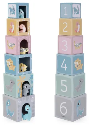 Zdjęcie produktu dla Mamabrum MAM45 Dinosaur Box - sorter z dinozaurami, wieża edukacyjna 6 pudełek, nauka kolorów i cyfr, 12m+