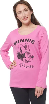Produktbild von Disney Minnie Mouse Schlafanzug für Damen Pyjama Set Langarm Oberteil mit Hose Pink/Schwarz S