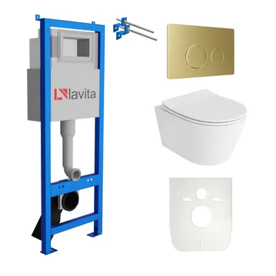 Produktbild von Lavita LAV 101 Vorwandelement für WC 40cm + Wand Hänge Tiefspül WC PRAIA Weiß Spülrandlos + Bedienplatte LAV 200.4.5 Gold | Komplettset | Unterputz Spülkasten | Toilette Komplett Sett
