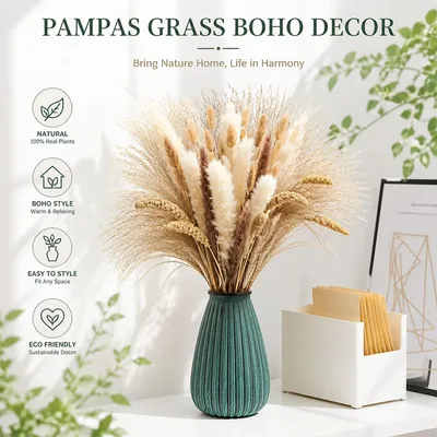 Produktbild von Gedroogtes Pampasgras, 90 Stück, natürliche Rietblumen, für Herbst- und Winterdekoration