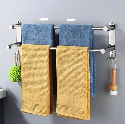 Obrázok produktu pre Držiak na uteráky – dvojitý, pre organizáciu kúpeľne – výsuvný dizajn – 43-75 cm – strieborná farba