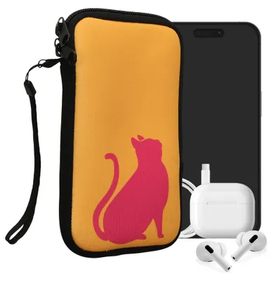 Produktbild von kwmobile Handytasche für Smartphones L - 6,5" - Neopren Handy Tasche Hülle Cover Case Schutzhülle - Umriss Katze Pink Honiggelb - 16,5 x 8,9 cm