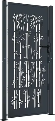 A dark gray metal garden gate with a laser-cut bamboo design.