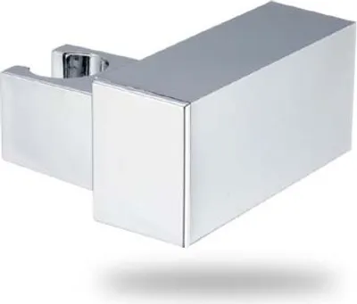 A chrome-plated shower head holder is shown against a white background.