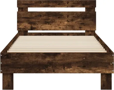 A wooden bed frame with a slatted base, shown from the front.