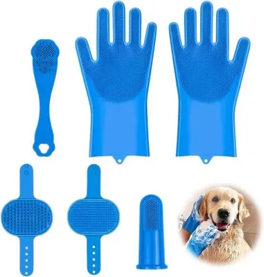 Productafbeelding van Honden- en kattenverzorgingsset, inclusief handschoenen, borstel en tandreinigingsapparaat.