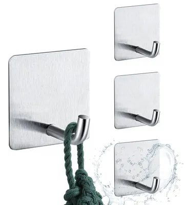 Image de 4 crochets porte-serviettes, pas de perçage nécessaire, capacité de charge jusqu'à 6 kg, crochets en acier inoxydable autocollants et résistants à l'eau, ultra-résistants, crochets muraux autocollants pour la salle de bains, les toilettes et la cuisine (argent)