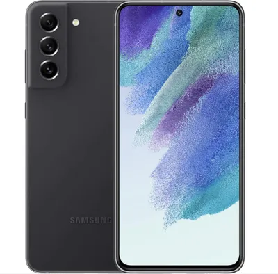 A Samsung Galaxy S21 FE 5G smartphone in graphite color is shown from the back and front.