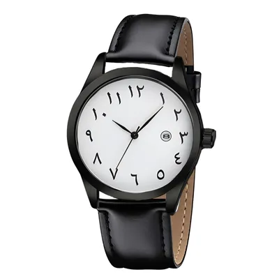 A close-up studio shot of a wristwatch with a black strap and a white face displaying Arabic numerals.
