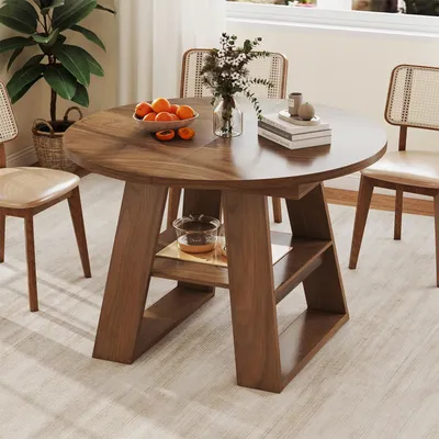 Obrázek produktu pro Jídelní stůl okwish s úložnými prostory a rozšiřitelnou deskou, rozkládací kuchyňský stůl pro 4–6 osob, ořechové dřevo