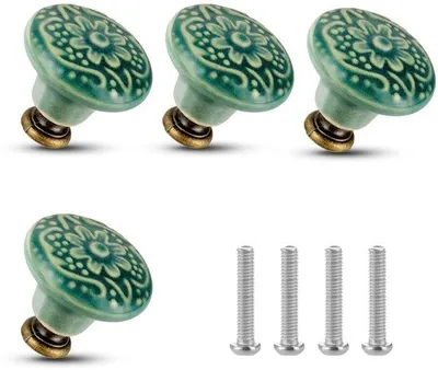 Productafbeelding van Ibenzoa® Set van 4 keramische meubelknopen – klassieke kastknopen met bloemenmotief, diameter bovenkant 3,4 cm / diameter onderkant 1,4 cm, hoogte 3,1 cm, inclusief schroeven