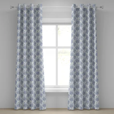 Produktbild von ABAKUHAUS Windröschen Ösenvorhang, Blumenmuster mit Blumenstrauß des blauen Blumen-empfindlichen viktorianischen Entwurfs, Dekorative 2-Panel-Fenstervorhänge, 280 cm x 245 cm, Nachtblau Weiß