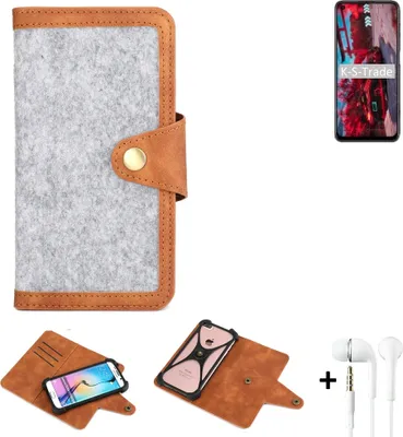 Produktbild von K-S-Trade Handyhülle + Kopfhörer kompatibel mit Oppo K9s Schutzhülle Filz Hülle Kunstleder hellgrau braun (1x)