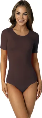Produktbild von Alkato Damen Kurzarm Body Baumwolle Bodysuit mit Rundhalsausschnitt blickdicht, Farbe: Braun, Größe: XL (Short 158-164 cm)